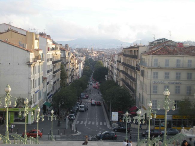 A look back from halfway up the grand steps of Gare du Saint Charles